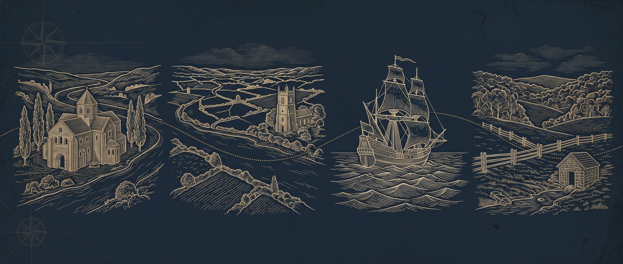 Engraved panorama joining four scenes with one route line: a Norman abbey, English common fields, a square-rigged ship at sea, and the wooded hills of Tennessee