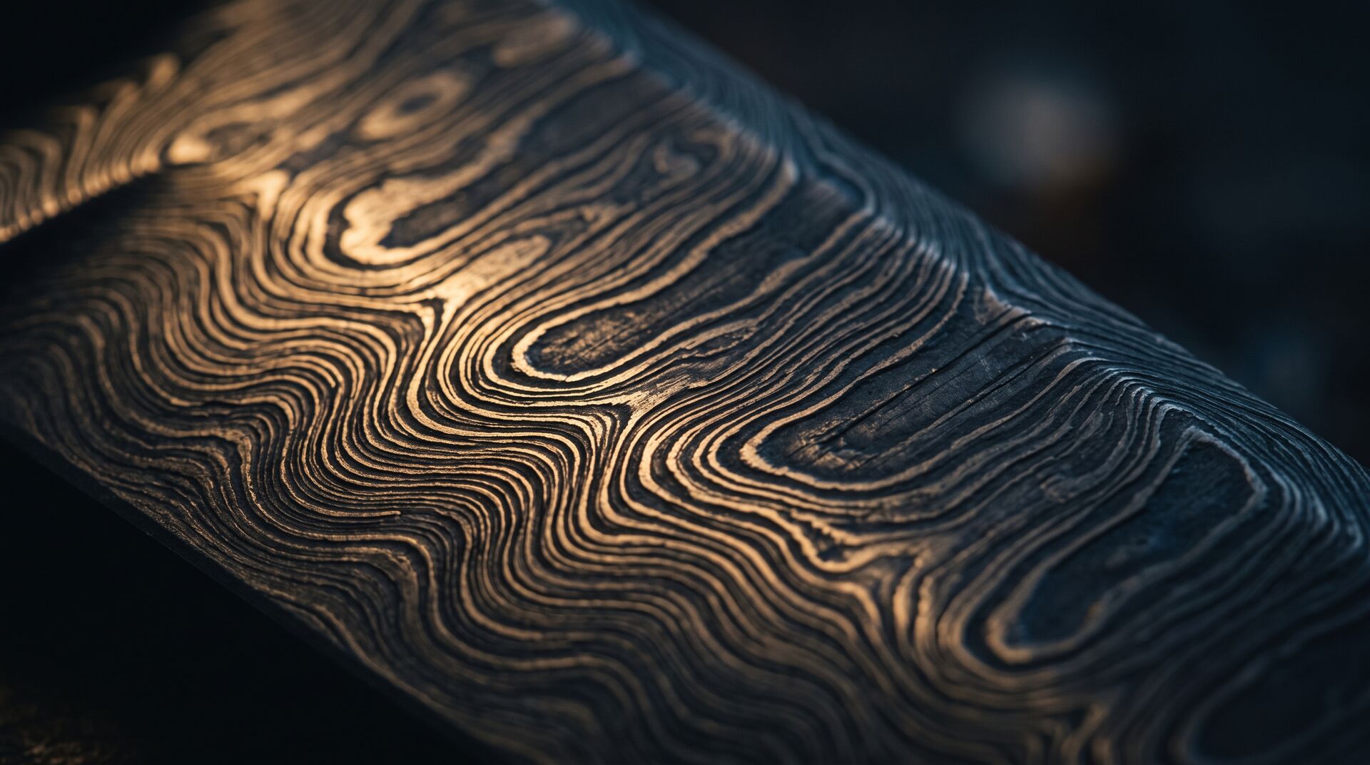 Close view of hand-forged Damascus steel, its layered pattern lit in warm gold against dark blue shadow