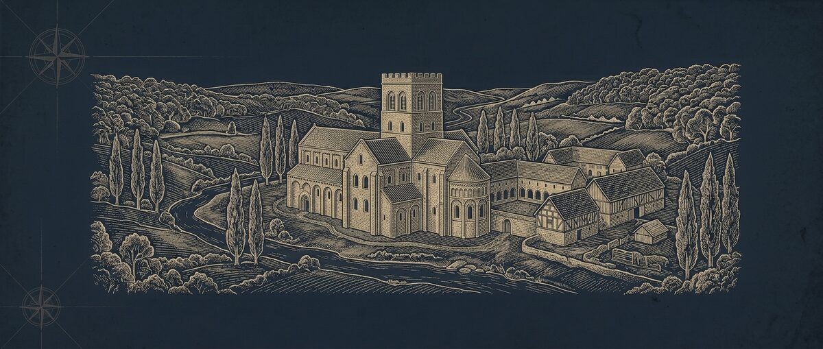 Engraved vignette of a Romanesque Norman abbey among poplars in a river valley