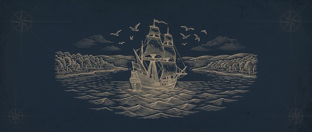 Engraved vignette of a seventeenth-century square-rigged ship approaching a wooded shoreline