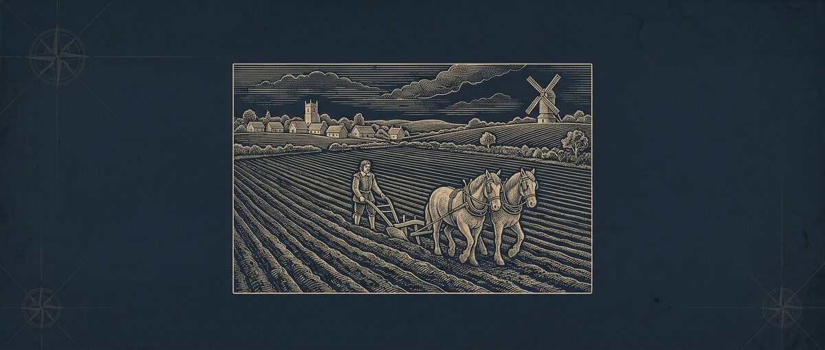 Engraved vignette of a plough team working long open field strips, a village church and windmill beyond