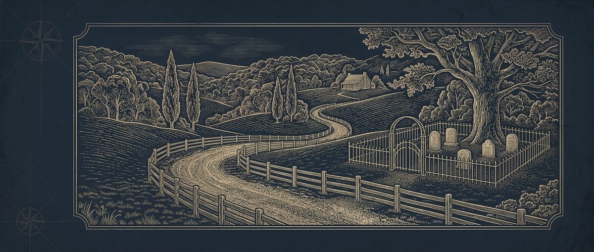 Engraved vignette of Tennessee hills, a split-rail fence along a country road, and a small family cemetery under an old tree